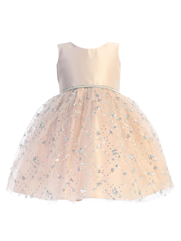 Baby Girls Blush Satin Diamond Sequin Tulle Flower Girl Dress 6-24 Months - SophiasStyle.com